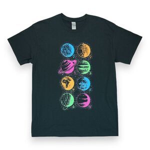 Multicolor Graphic Planet Print T Shirt Gildan Heavy Cotton L Black Short Sleeve